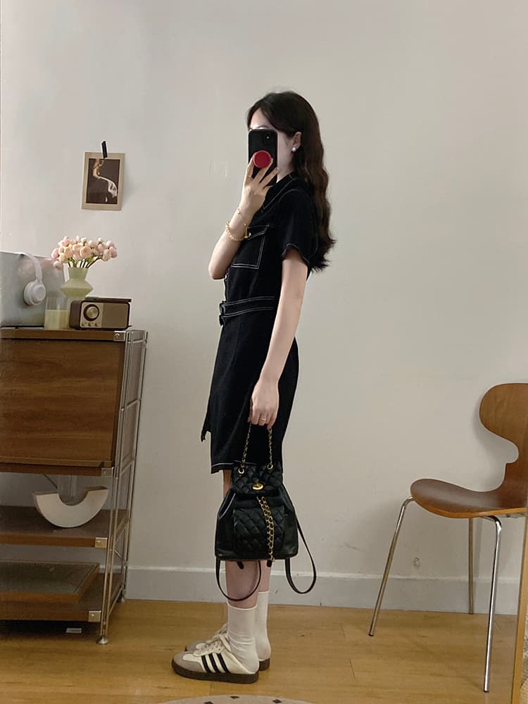 실사 빅 사이즈 여성 의류 데님 여행자 홍콩 느낌 미니멀리즘 레트로 스타일 하나 슬라이스 허리 수축 슬림해 보이는 드레스 지방 mm 상세 이미지 27