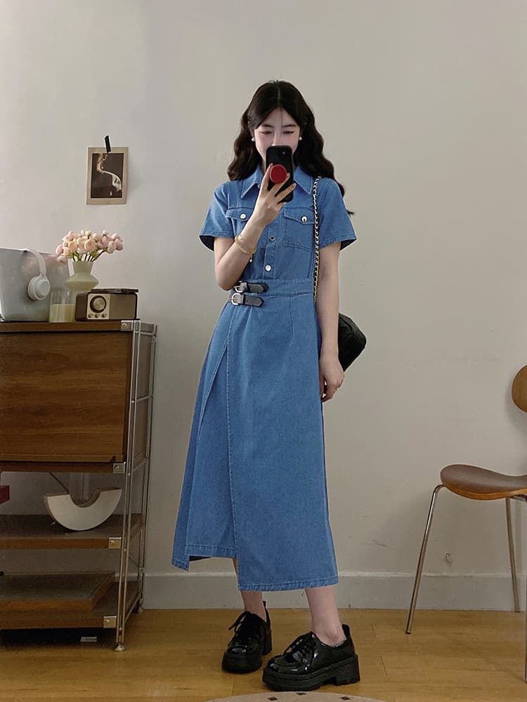 실사 2000 매 빅 사이즈 여성 의류 홍콩 느낌 미니멀리즘 레트로 스타일 하나 슬라이스 허리 수축 슬림해 보이는 드레스 지방 mm 상세 이미지 7