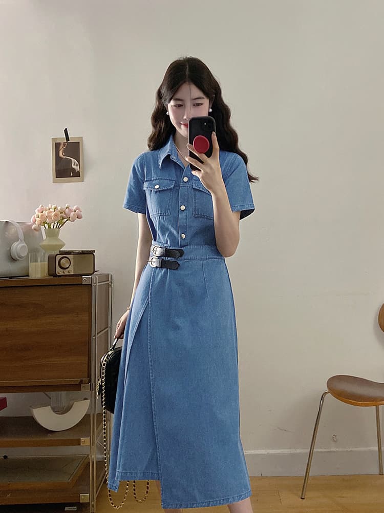 실사 2000 매 빅 사이즈 여성 의류 홍콩 느낌 미니멀리즘 레트로 스타일 하나 슬라이스 허리 수축 슬림해 보이는 드레스 지방 mm 상세 이미지 10
