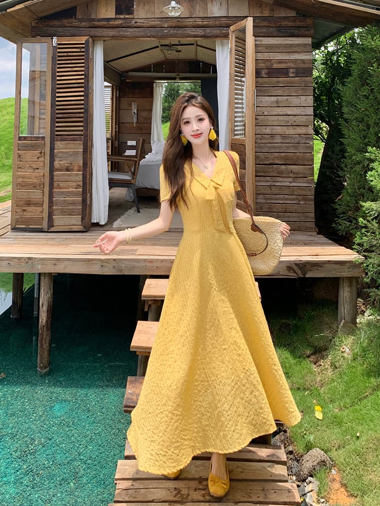 실사 빅 사이즈 여성 의류 소녀 일기 달콤한 스타일 롱 스커트 지방 mm 여름 학원 스타일 나비 매듭 드레스 상세 이미지 9