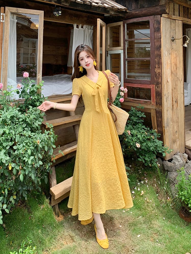실사 빅 사이즈 여성 의류 소녀 일기 달콤한 스타일 롱 스커트 지방 mm 여름 학원 스타일 나비 매듭 드레스 상세 이미지 11