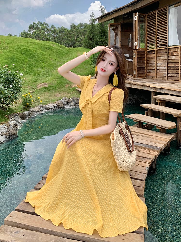 실사 빅 사이즈 여성 의류 소녀 일기 달콤한 스타일 롱 스커트 지방 mm 여름 학원 스타일 나비 매듭 드레스 상세 이미지 13