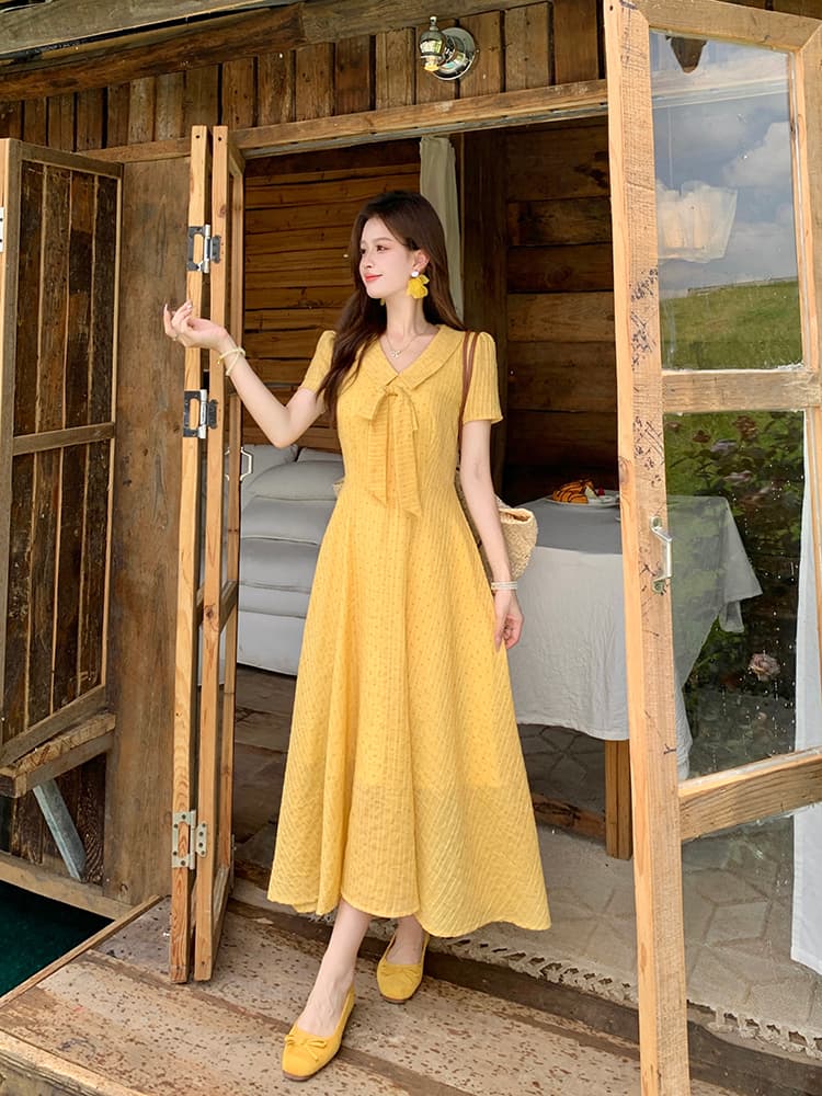 실사 빅 사이즈 여성 의류 소녀 일기 달콤한 스타일 롱 스커트 지방 mm 여름 학원 스타일 나비 매듭 드레스 상세 이미지 15