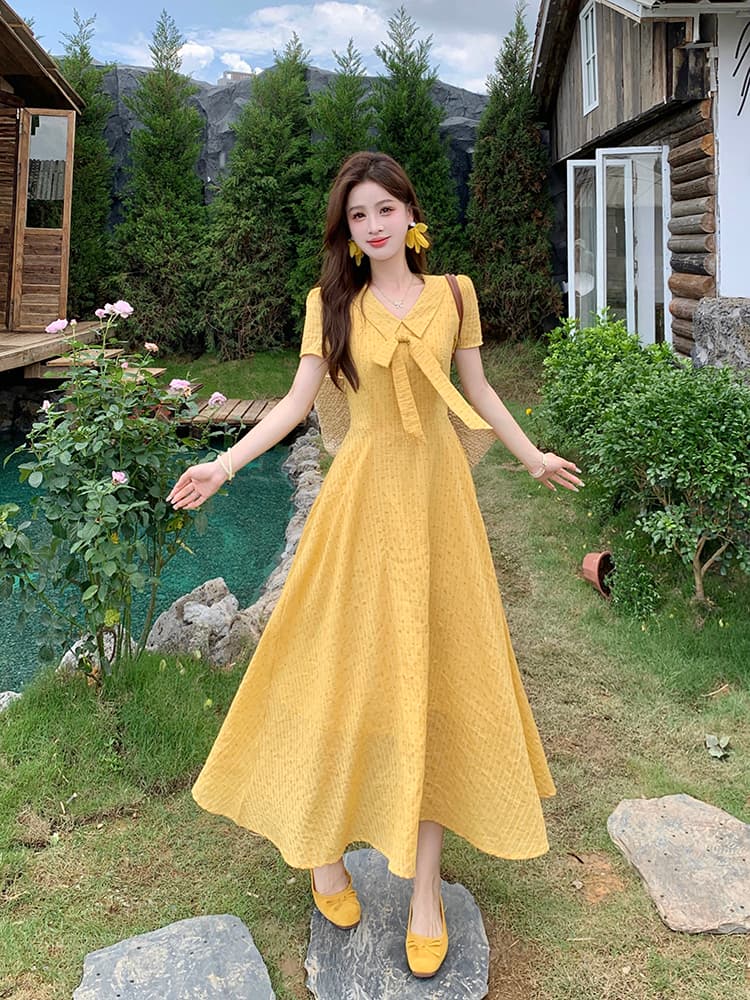 실사 빅 사이즈 여성 의류 소녀 일기 달콤한 스타일 롱 스커트 지방 mm 여름 학원 스타일 나비 매듭 드레스 상세 이미지 16