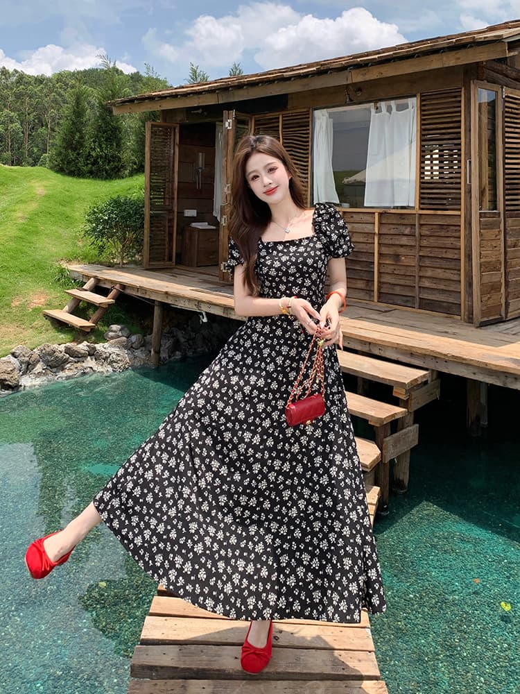 실사 빅 사이즈 여성 의류 프랑스식 복잡한 고대 칼라 달빛 꽃 드레스 지방 mm 숨기기 고기 슬림해 보이는 스커트 스커트 여성 상세 이미지 9