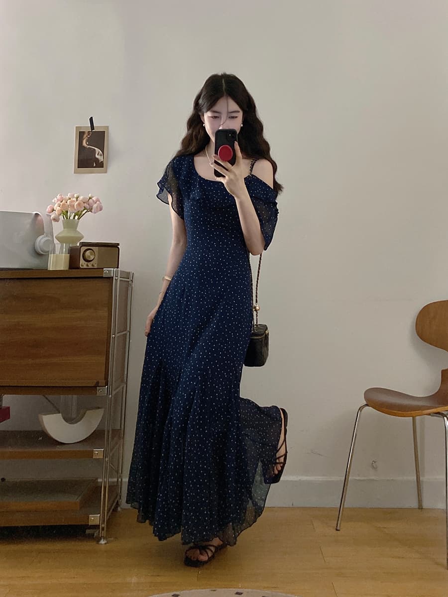 실사 빅 사이즈 여성 의류 여름 은하계 프랑스식 불규칙 도트 무늬 디자인 여성 드레스 지방 mm 품격 롱 스커트 이미지 2