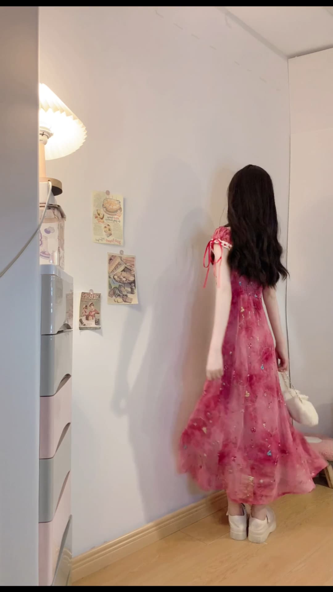 실사 빅 사이즈 여성 의류 로즈 레드 홀치기 염색 자수 롱 코트 광장 칼라 허리 수축 슬립 드레스 여름 프랑스식 치마 이미지 5