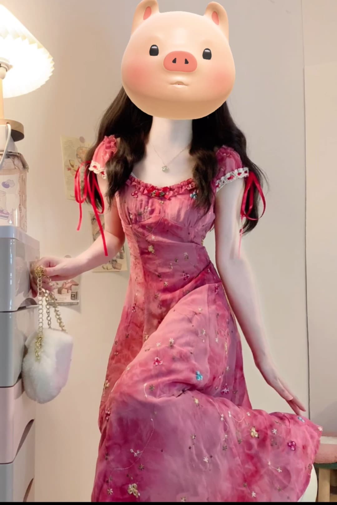 실사 빅 사이즈 여성 의류 로즈 레드 홀치기 염색 자수 롱 코트 광장 칼라 허리 수축 슬립 드레스 여름 프랑스식 치마 이미지 6