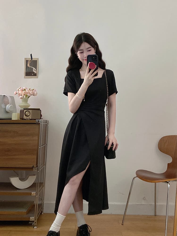 실사 빅 사이즈 여성 의류 슬림해 보이는 광장 칼라 사선 무늬 허리 수축 한 마디 드레스 지방 mm 디스플레이 숨기기 고기 얇은 드레스 상세 이미지 8