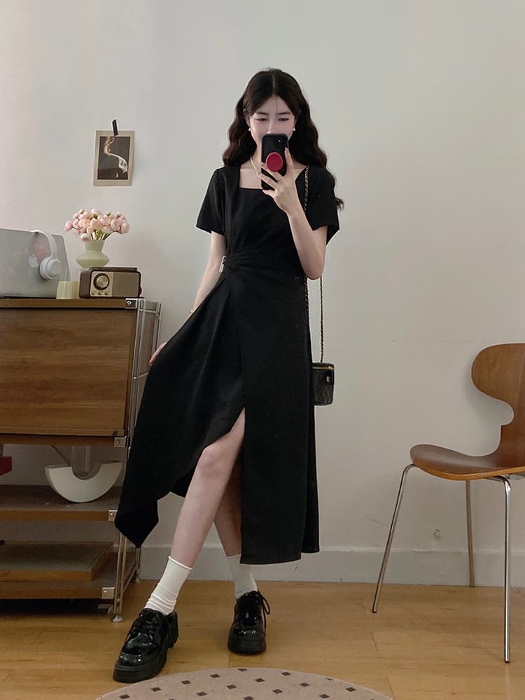 실사 빅 사이즈 여성 의류 슬림해 보이는 광장 칼라 사선 무늬 허리 수축 한 마디 드레스 지방 mm 디스플레이 숨기기 고기 얇은 드레스 상세 이미지 14