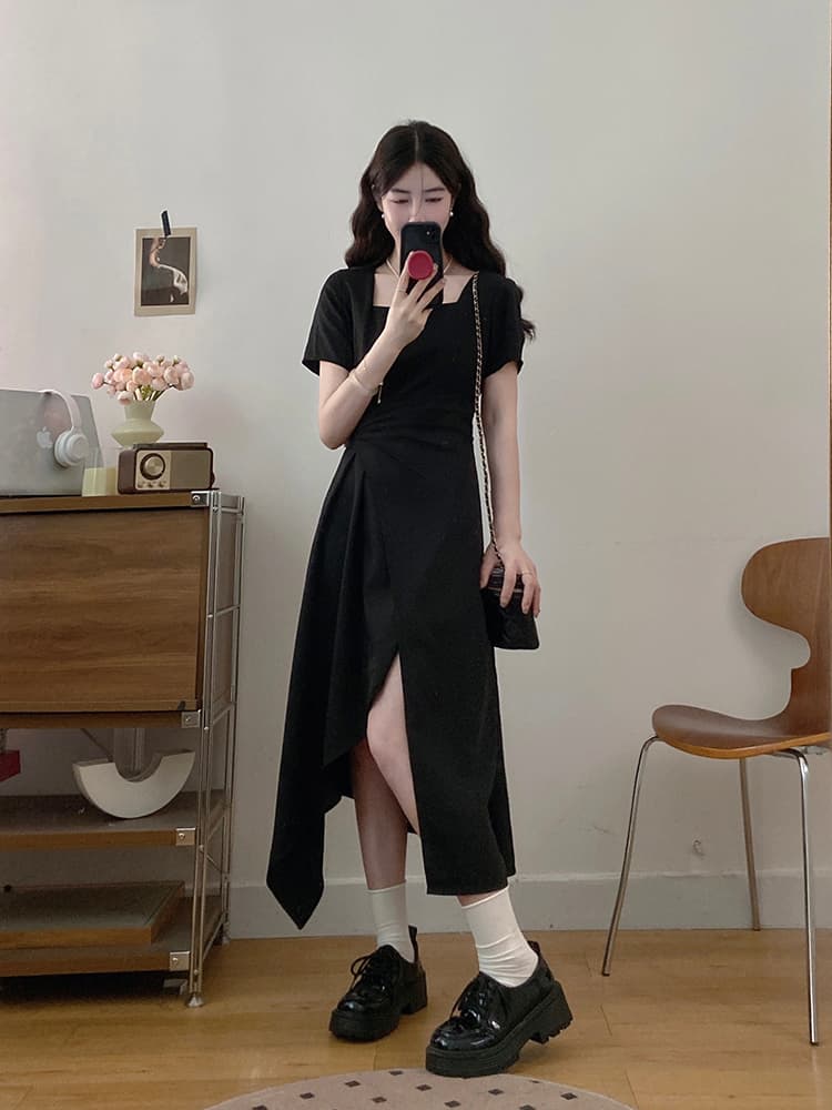 실사 빅 사이즈 여성 의류 슬림해 보이는 광장 칼라 사선 무늬 허리 수축 한 마디 드레스 지방 mm 디스플레이 숨기기 고기 얇은 드레스 상세 이미지 15