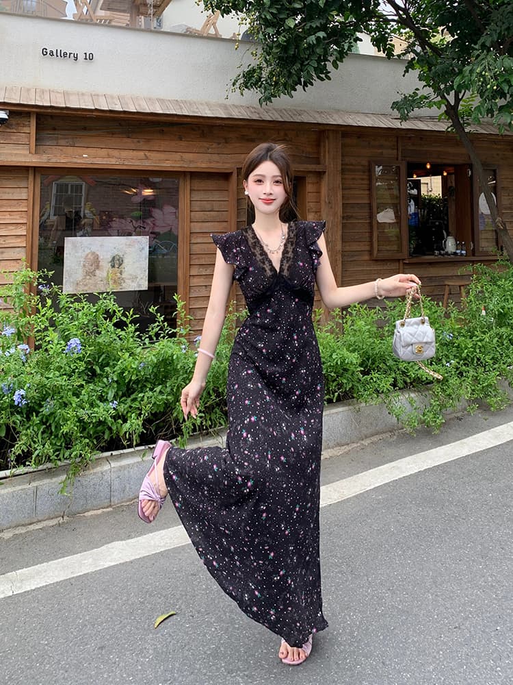 실사 빅 사이즈 여성 의류 우아함 섹시함 여름 V넥 꽃무늬 드레스 지방 mm 레이스 조각 슬림해 보이는 롱 스커트 상세 이미지 11