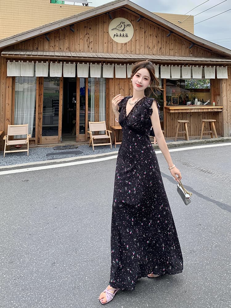 실사 빅 사이즈 여성 의류 우아함 섹시함 여름 V넥 꽃무늬 드레스 지방 mm 레이스 조각 슬림해 보이는 롱 스커트 상세 이미지 12