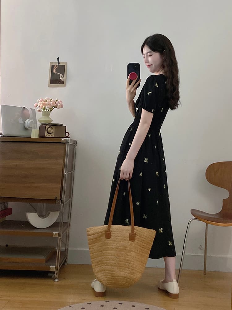 실사 빅 사이즈 여성 의류 검정색 여성 드레스 무거운 작업 자수 허리 수축 V넥 무릎 아래 롱 스커트 프랑스식 그는 벤 바람 상세 이미지 13