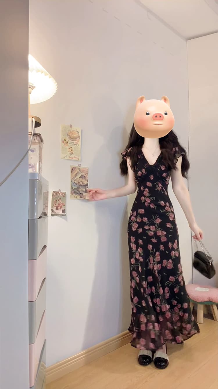 실사 빅 사이즈 여성 의류 검정색 꽃무늬 롱 코트 드레스 지방 mm 숨기기 고기 슬림해 보이는 허리 수축 고급 센스 롱 스커트 여성 이미지 3