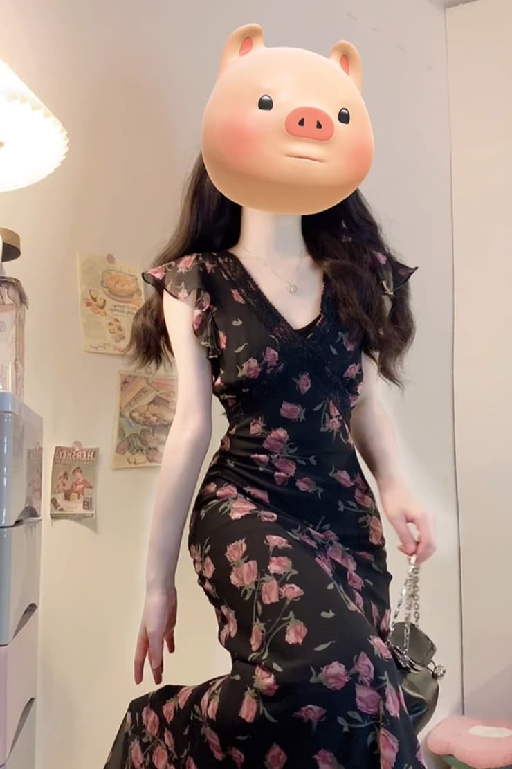 실사 빅 사이즈 여성 의류 검정색 꽃무늬 롱 코트 드레스 지방 mm 숨기기 고기 슬림해 보이는 허리 수축 고급 센스 롱 스커트 여성 이미지 6