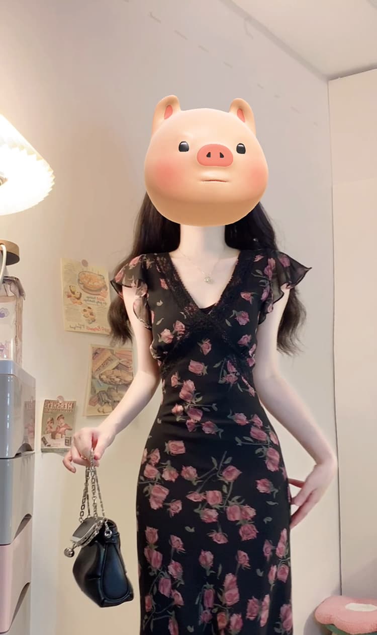 실사 빅 사이즈 여성 의류 검정색 꽃무늬 롱 코트 드레스 지방 mm 숨기기 고기 슬림해 보이는 허리 수축 고급 센스 롱 스커트 여성 상세 이미지 3