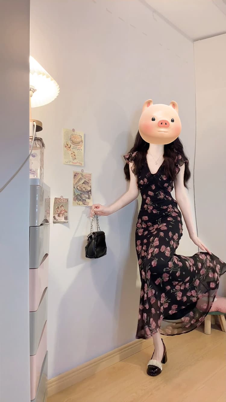 실사 빅 사이즈 여성 의류 검정색 꽃무늬 롱 코트 드레스 지방 mm 숨기기 고기 슬림해 보이는 허리 수축 고급 센스 롱 스커트 여성 상세 이미지 16