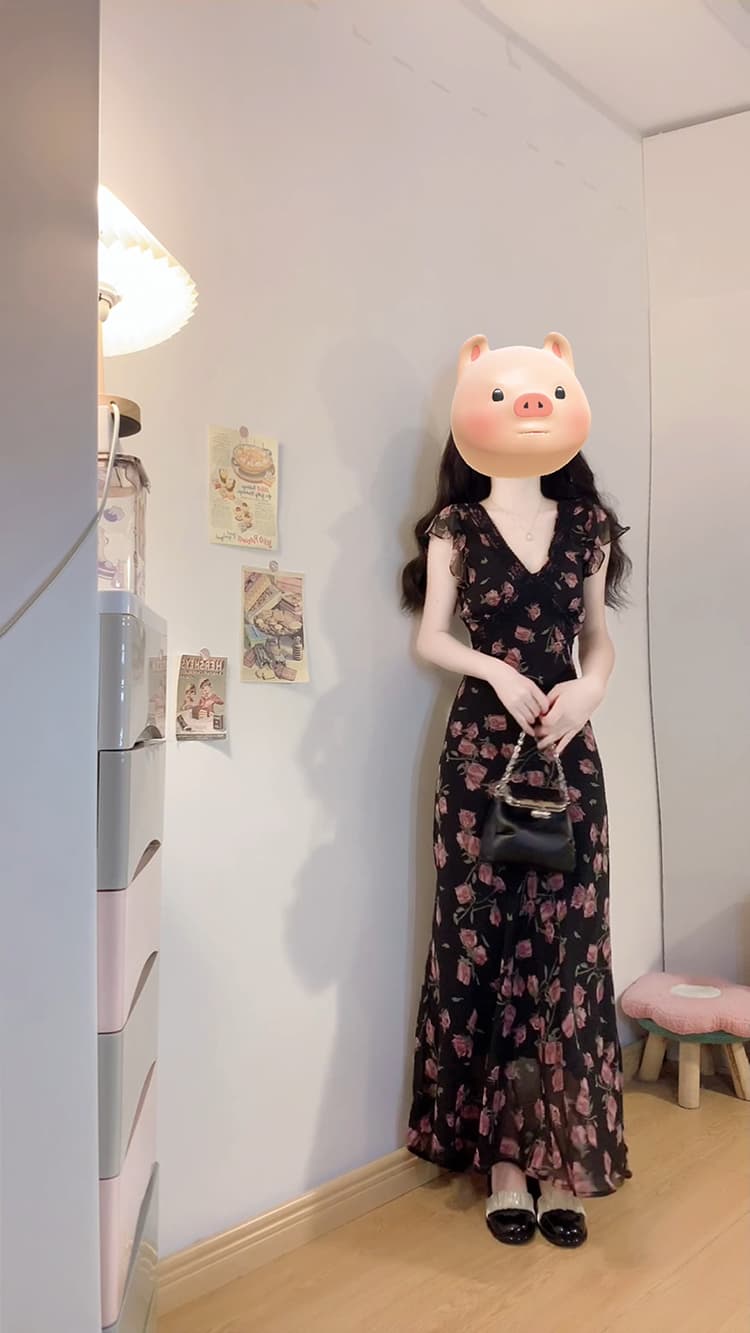 실사 빅 사이즈 여성 의류 검정색 꽃무늬 롱 코트 드레스 지방 mm 숨기기 고기 슬림해 보이는 허리 수축 고급 센스 롱 스커트 여성 상세 이미지 17