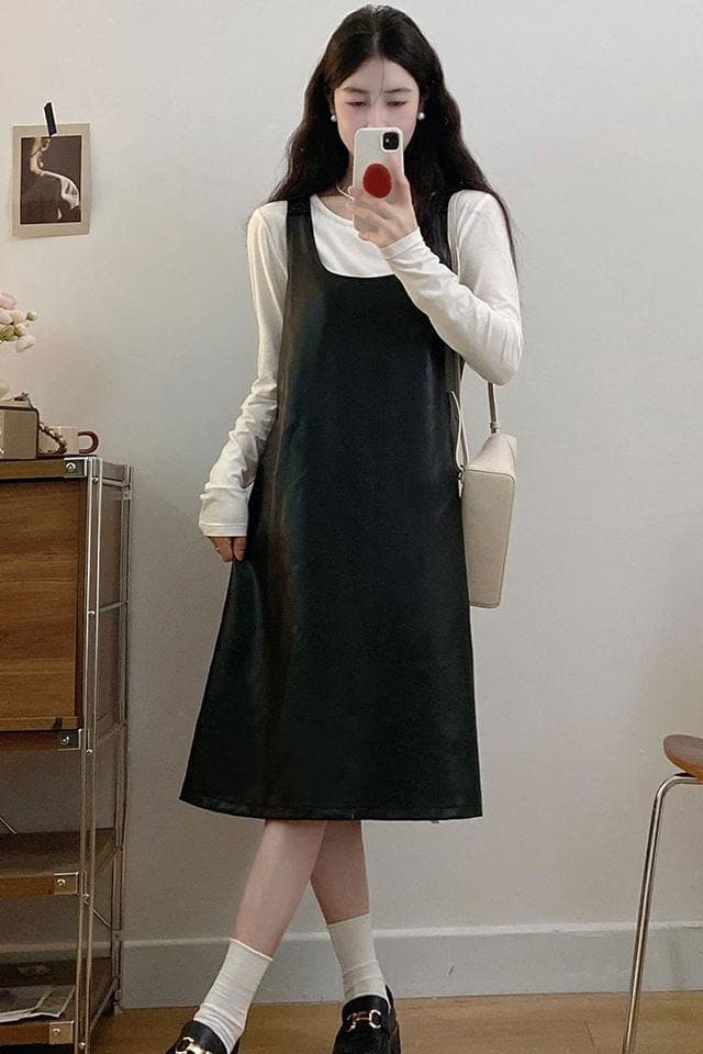 실사 빅 사이즈 여성 의류 가을 고급 품격 기본 셔츠 슬림해 보이는 표지 고기 PU 가죽 조끼 스커트 투피스 세트 이미지 5