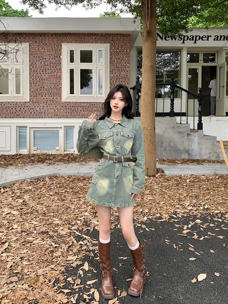 실사 빅 사이즈 여성 의류 가을 레트로 홍콩 느낌 워싱 허리 수축 슬림해 보이는 데님 드레스 상세 이미지 13