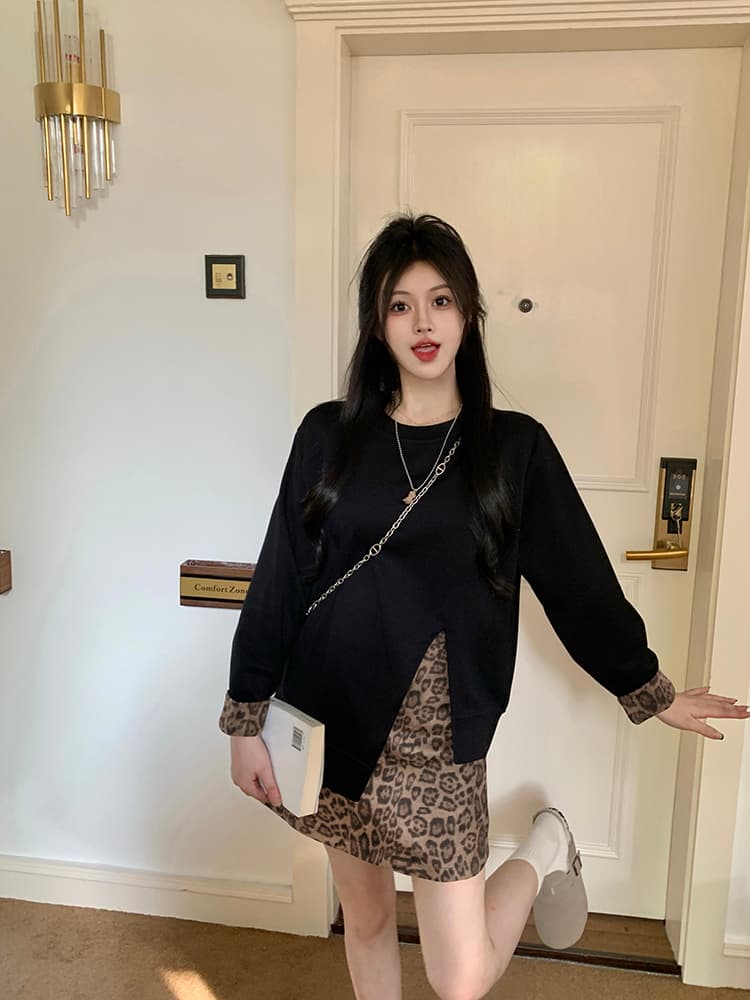 실사 빅 사이즈 여성 의류 한 부서 세트 여성 가을 불규칙 맨위 표지 배 슬림해 보이는 레오파드 무늬 치마 투피스 세트 상세 이미지 9