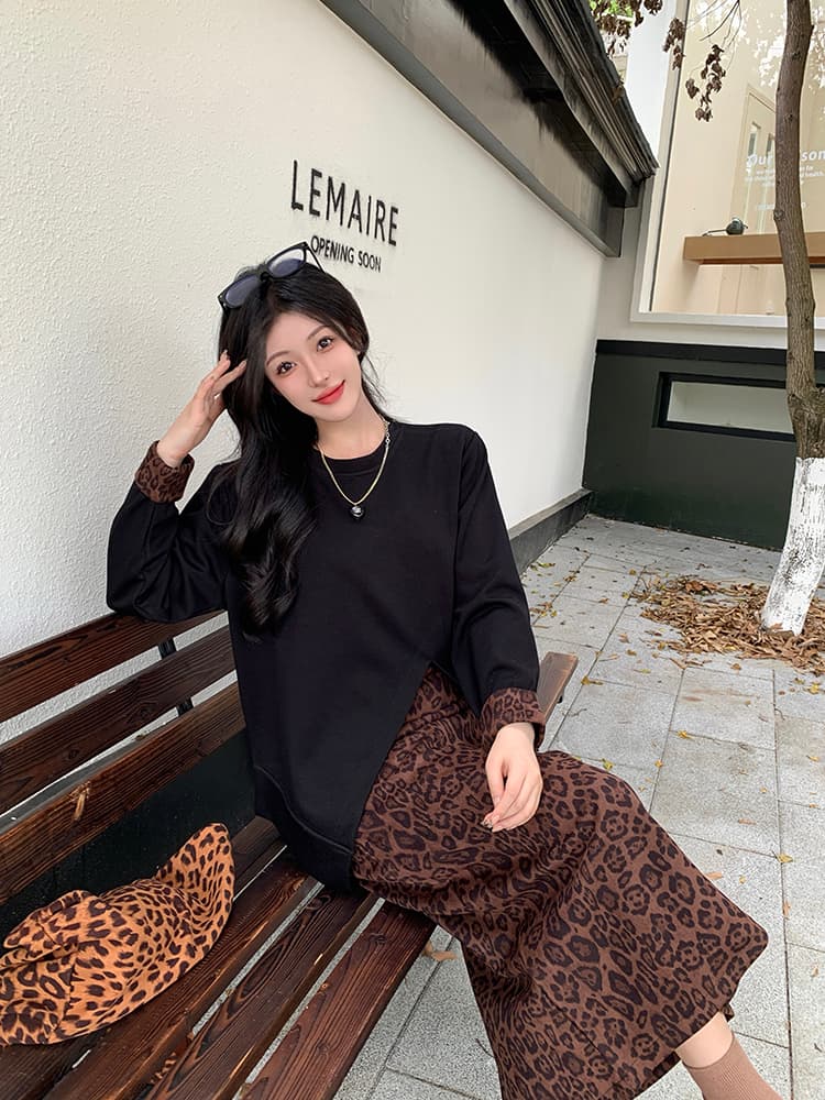 실사 빅 사이즈 여성 의류 한 부서 세트 여성 가을 불규칙 맨위 표지 배 슬림해 보이는 레오파드 무늬 치마 투피스 세트 상세 이미지 19