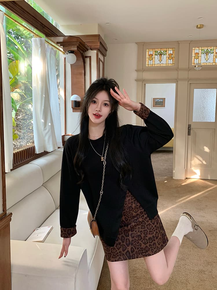 실사 빅 사이즈 여성 의류 한 부서 세트 여성 가을 불규칙 맨위 표지 배 슬림해 보이는 레오파드 무늬 치마 투피스 세트 상세 이미지 23