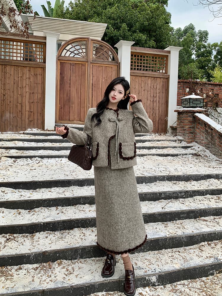 실사 빅 사이즈 여성 의류 두꺼운 작은 샤넬 스타일 모직 외투 한 마디 반신 스커트 지방 mm 표지 고기 슬림해 보이는 세트 상세 이미지 3