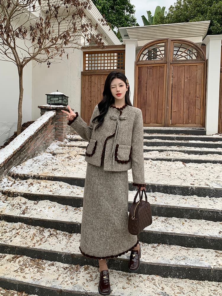 실사 빅 사이즈 여성 의류 두꺼운 작은 샤넬 스타일 모직 외투 한 마디 반신 스커트 지방 mm 표지 고기 슬림해 보이는 세트 상세 이미지 4