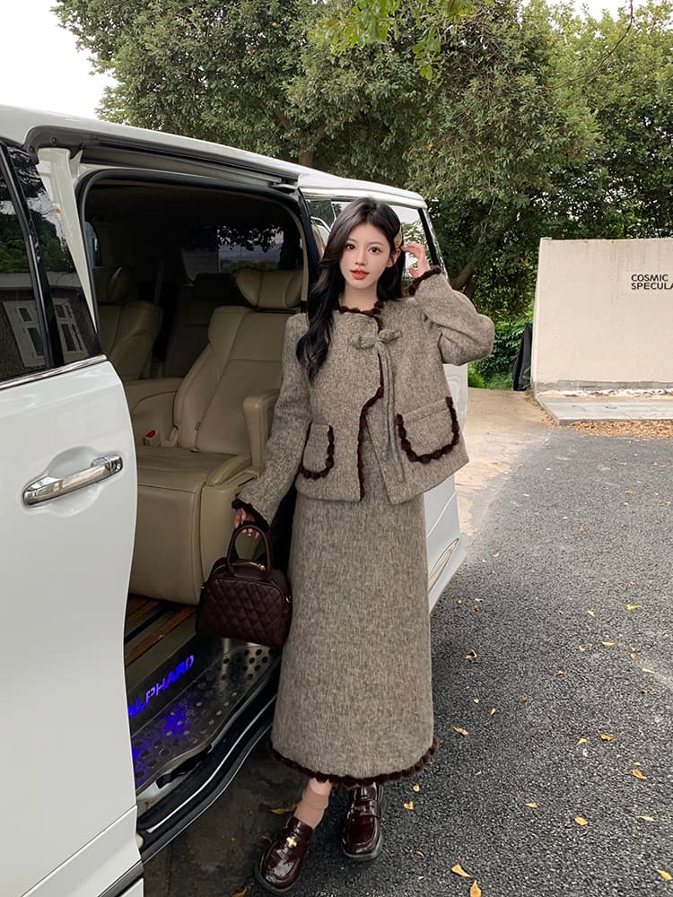 실사 빅 사이즈 여성 의류 두꺼운 작은 샤넬 스타일 모직 외투 한 마디 반신 스커트 지방 mm 표지 고기 슬림해 보이는 세트 상세 이미지 6