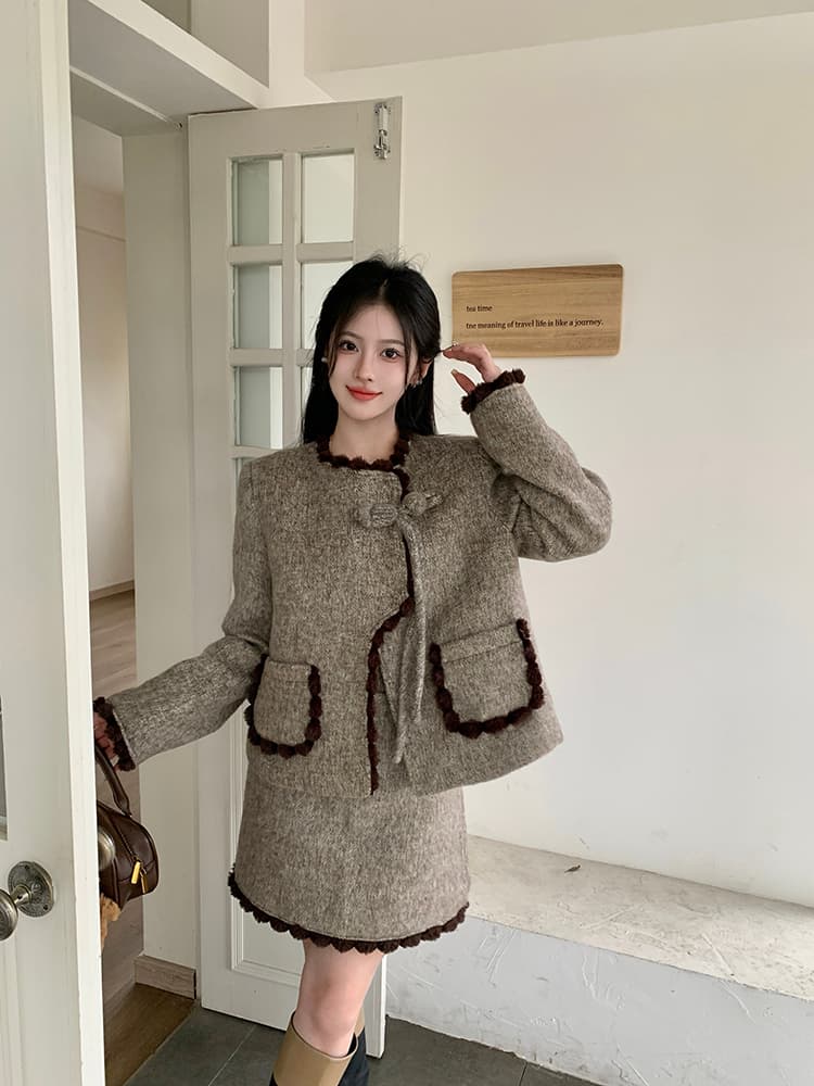 실사 빅 사이즈 여성 의류 두꺼운 작은 샤넬 스타일 모직 외투 한 마디 반신 스커트 지방 mm 표지 고기 슬림해 보이는 세트 상세 이미지 16