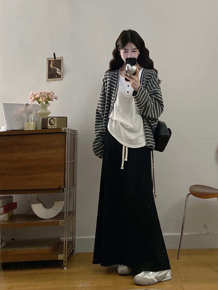 실사 빅 사이즈 여성 의류 프랑스식 느긋한 바람 배색 스트라이프 긴팔 재킷 인사이드 가져 가라. 조끼 하이웨이스트 반신 롱 스커트 상세 이미지 4