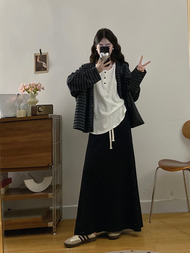 실사 빅 사이즈 여성 의류 프랑스식 느긋한 바람 배색 스트라이프 긴팔 재킷 인사이드 가져 가라. 조끼 하이웨이스트 반신 롱 스커트 상세 이미지 16