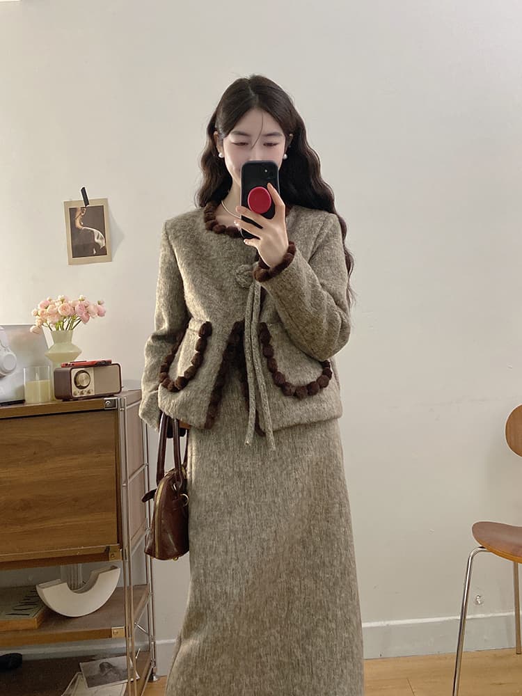 실사 빅 사이즈 여성 의류 가을 겨울 고급 센스 부유 한 가족 천 골드 배색 작은 샤넬 스타일 짧은 외투 반신 스커트 투피스 세트 상세 이미지 9