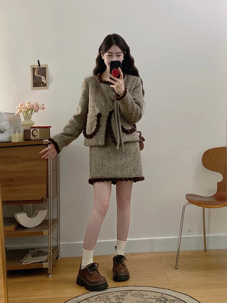 실사 빅 사이즈 여성 의류 가을 겨울 고급 센스 부유 한 가족 천 골드 배색 작은 샤넬 스타일 짧은 외투 반신 스커트 투피스 세트 상세 이미지 21