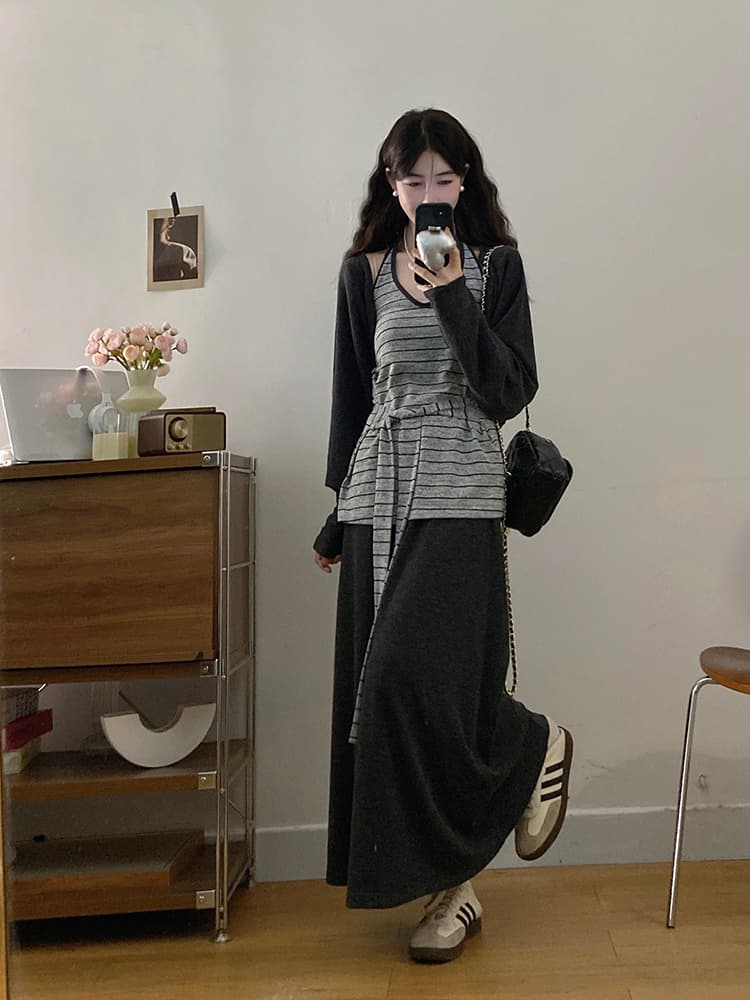 실사 빅 사이즈 여성 의류 가을 느긋한 바람 오픈 가디건 스트라이프 행침 목 스트랩 조끼 도루 가을 센스 한 마디 치마 세트 상세 이미지 10