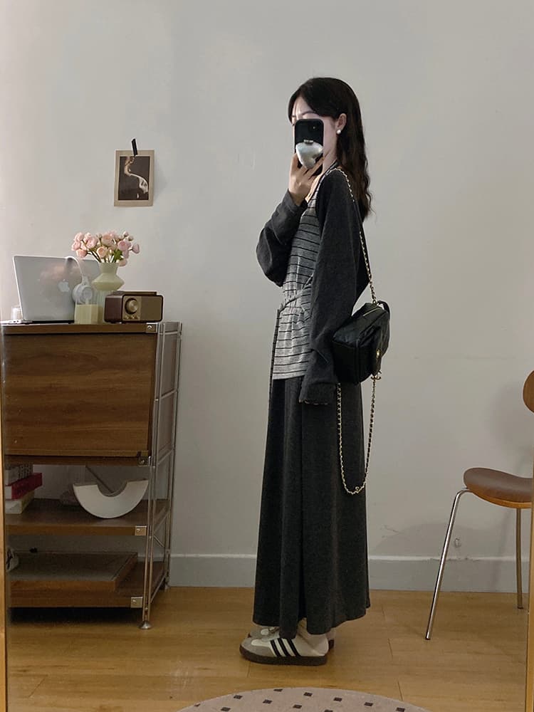 실사 빅 사이즈 여성 의류 가을 느긋한 바람 오픈 가디건 스트라이프 행침 목 스트랩 조끼 도루 가을 센스 한 마디 치마 세트 상세 이미지 12