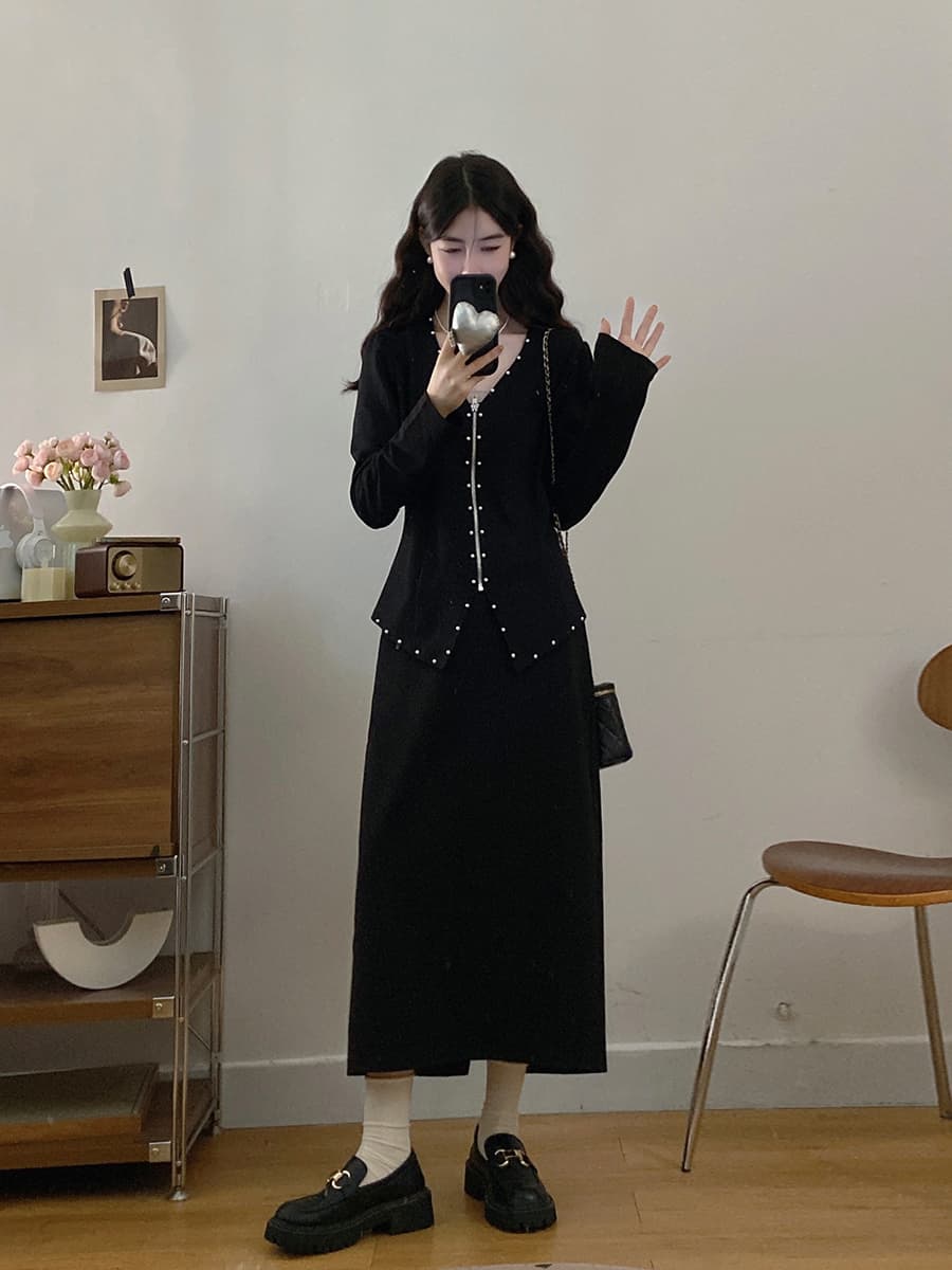 실사 빅 사이즈 여성 의류 가을 고급 센스 진주 지퍼 재킷 검정색 슬림해 보이는 한 마디 반신 스커트 투피스 세트 이미지 3