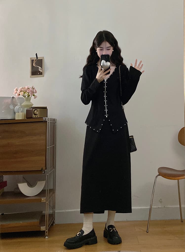 실사 빅 사이즈 여성 의류 가을 고급 센스 진주 지퍼 재킷 검정색 슬림해 보이는 한 마디 반신 스커트 투피스 세트 상세 이미지 7