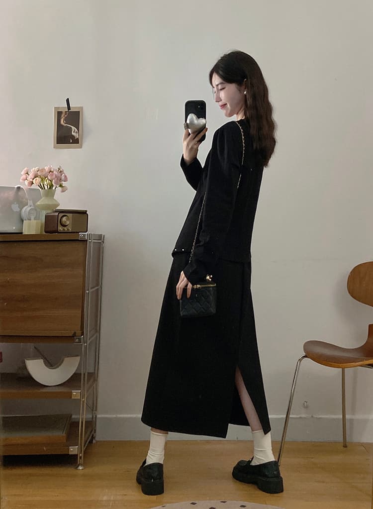 실사 빅 사이즈 여성 의류 가을 고급 센스 진주 지퍼 재킷 검정색 슬림해 보이는 한 마디 반신 스커트 투피스 세트 상세 이미지 10