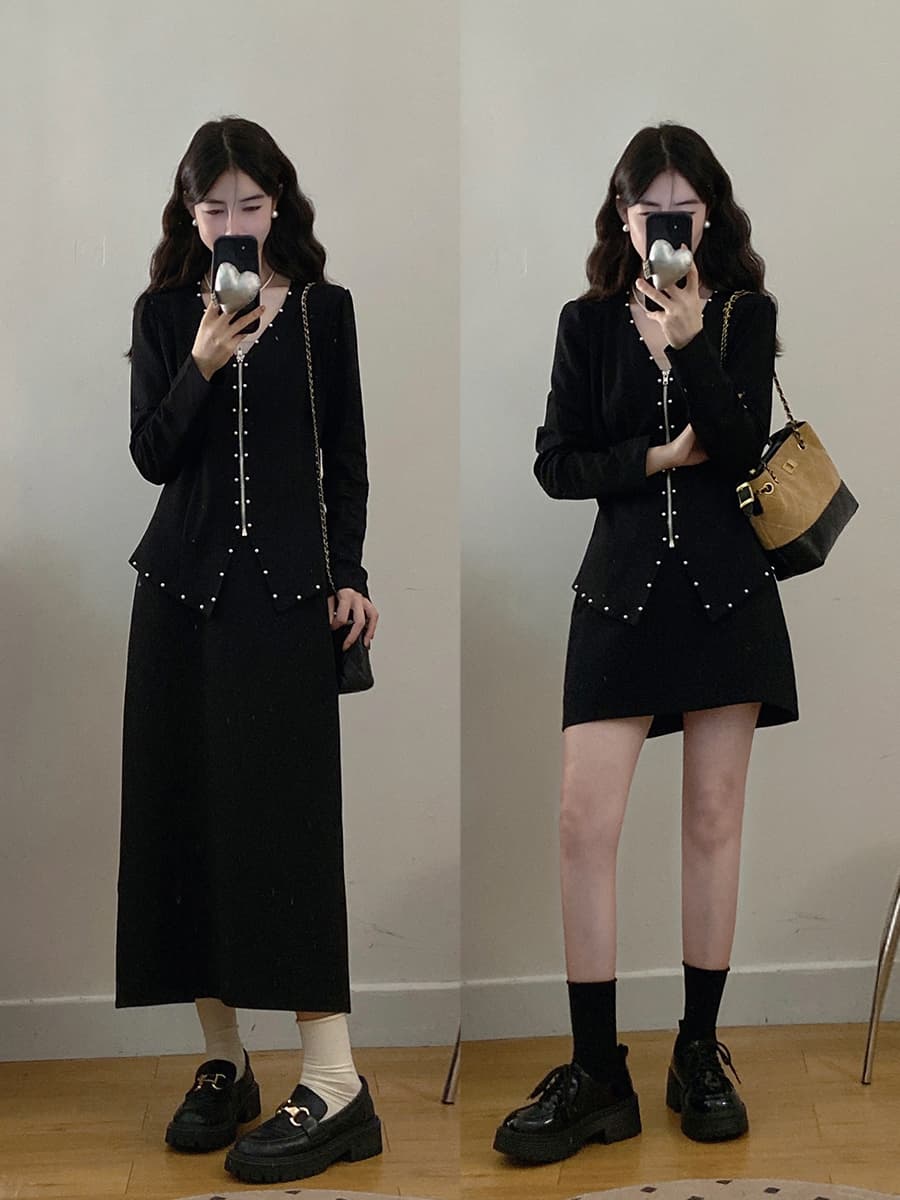 실사 빅 사이즈 여성 의류 가을 고급 센스 진주 지퍼 재킷 검정색 슬림해 보이는 한 마디 반신 스커트 투피스 세트