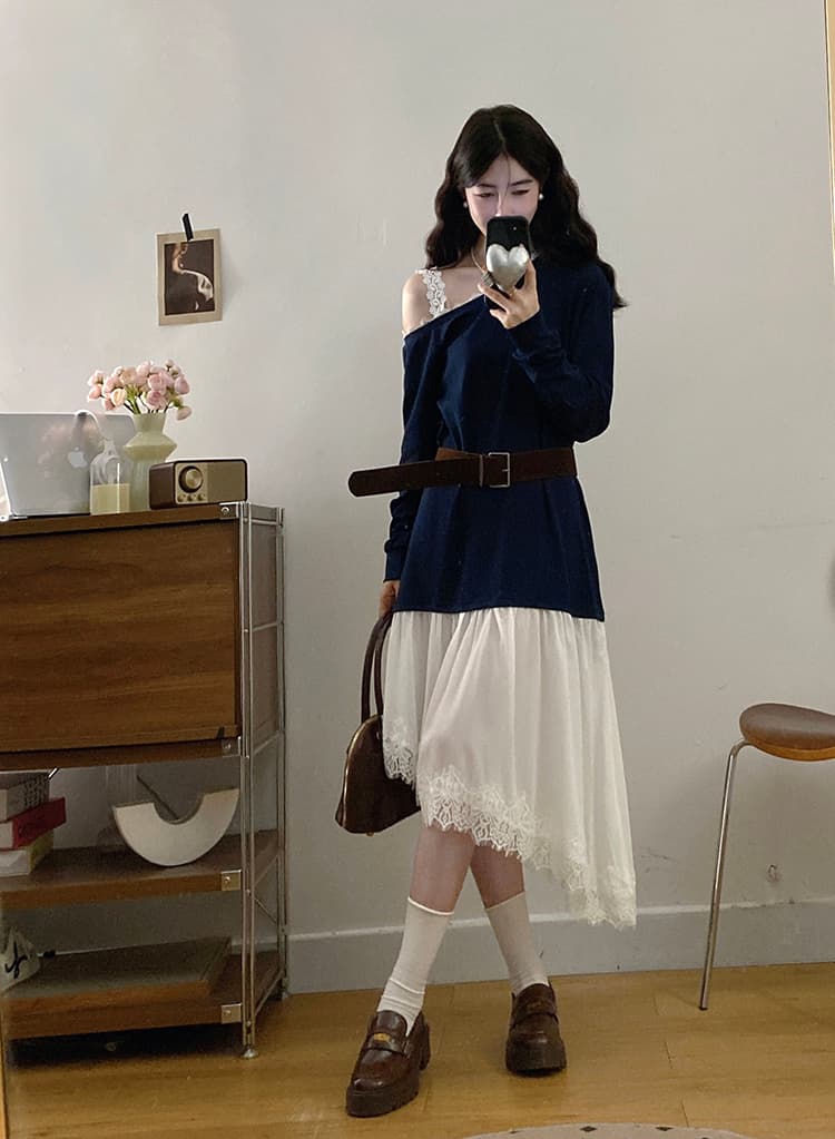 실사 빅 사이즈 여성 의류 가을 느슨함 디자인 센스 비스듬한 어깨 후드티 패치워크 불규칙 레이스 밑단 드레스 상세 이미지 5