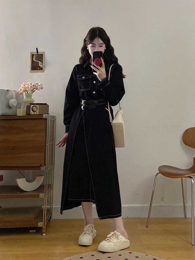 실사 빅 사이즈 여성 의류 디자인 센스 검정색 데님 허리 수축 슬림해 보이는 하나 슬라이스 불규칙 밑단 드레스 상세 이미지 3