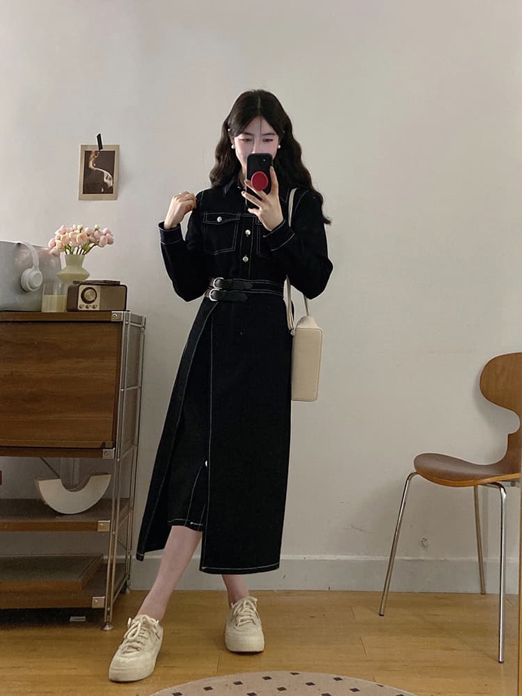 실사 빅 사이즈 여성 의류 디자인 센스 검정색 데님 허리 수축 슬림해 보이는 하나 슬라이스 불규칙 밑단 드레스 상세 이미지 8