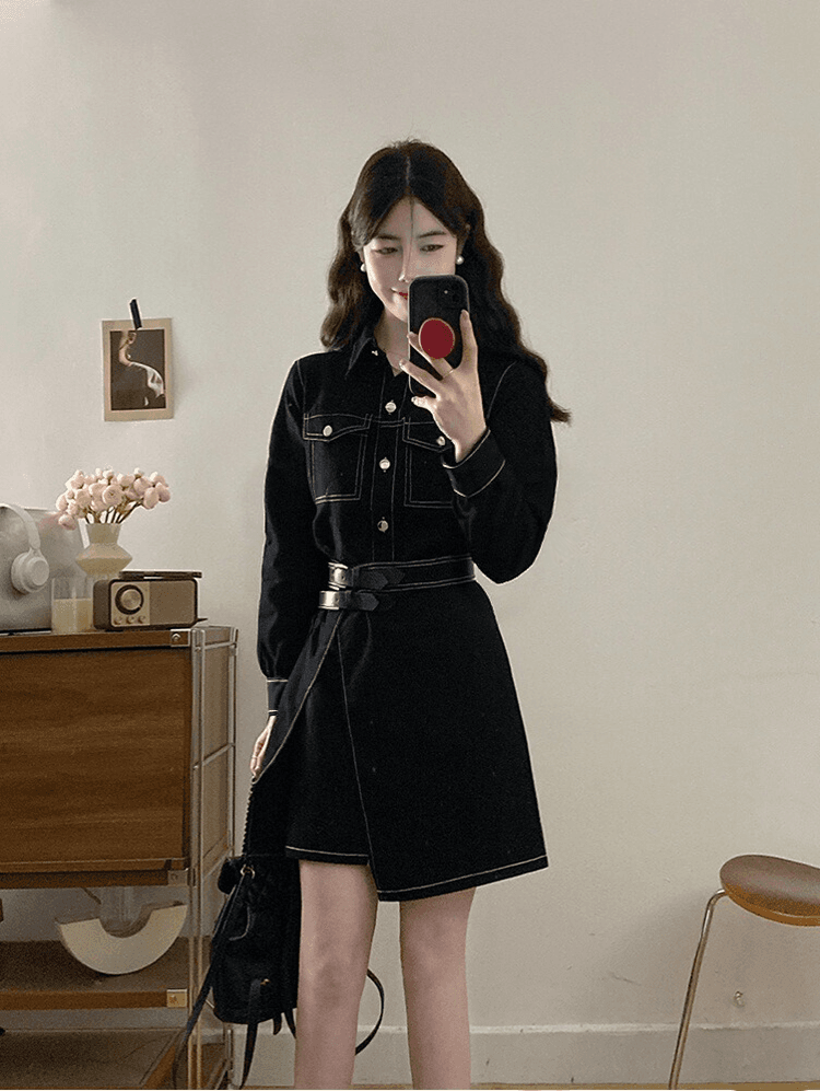 실사 빅 사이즈 여성 의류 디자인 센스 검정색 데님 허리 수축 슬림해 보이는 하나 슬라이스 불규칙 밑단 드레스 상세 이미지 14