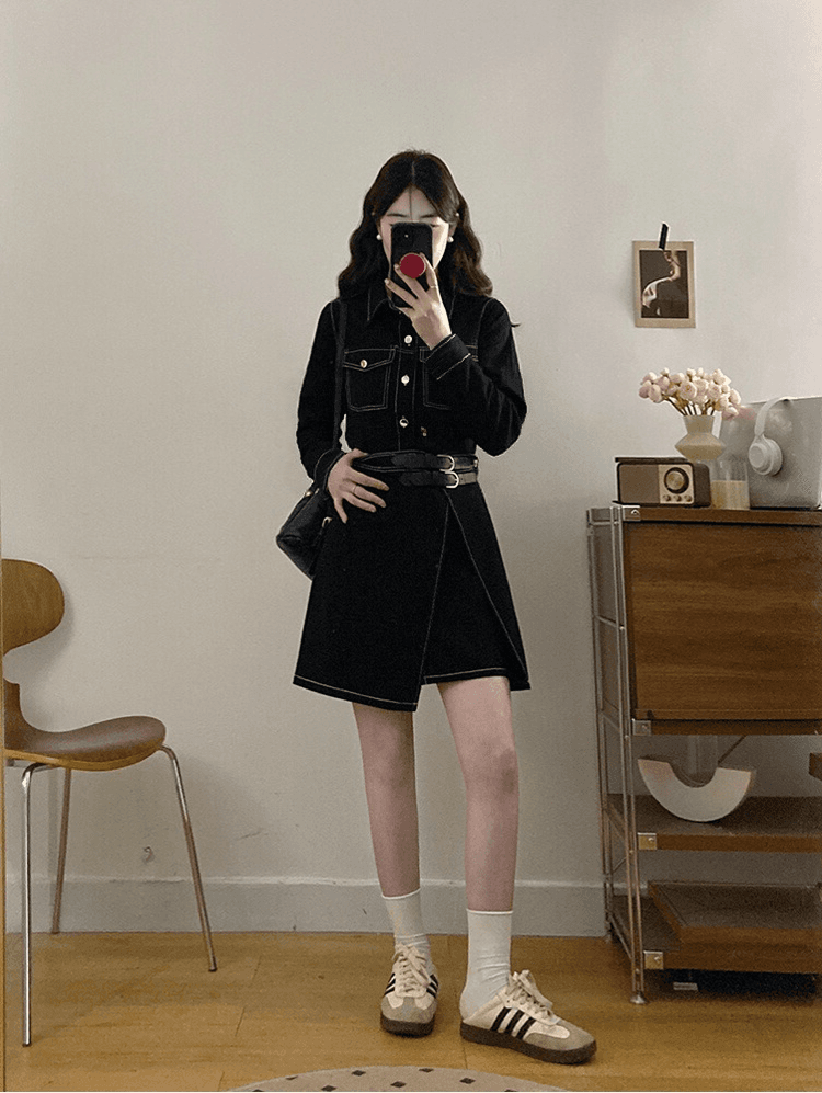 실사 빅 사이즈 여성 의류 디자인 센스 검정색 데님 허리 수축 슬림해 보이는 하나 슬라이스 불규칙 밑단 드레스 상세 이미지 16