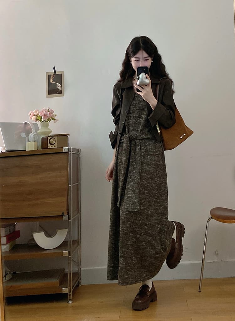 실사 빅 사이즈 여성 의류 가을 다용도 허리 수축 슬림해 보이는 드레스 폴로 칼라 루즈핏 슬림해 보이는 가죽 자켓 세트 상세 이미지 5
