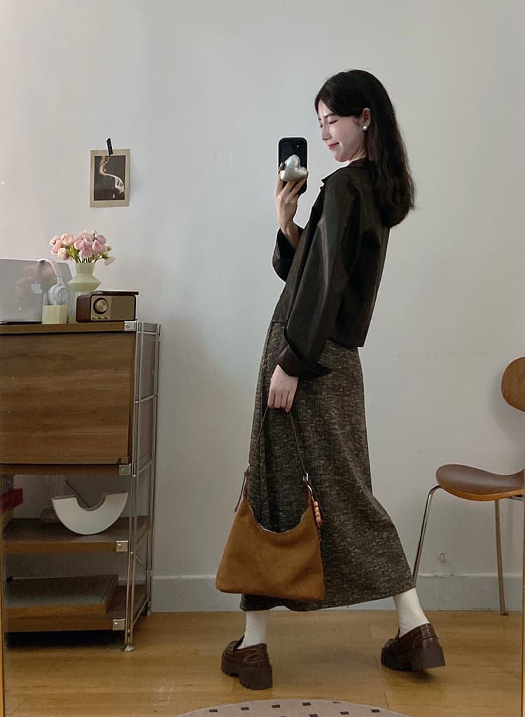 실사 빅 사이즈 여성 의류 가을 다용도 허리 수축 슬림해 보이는 드레스 폴로 칼라 루즈핏 슬림해 보이는 가죽 자켓 세트 상세 이미지 10