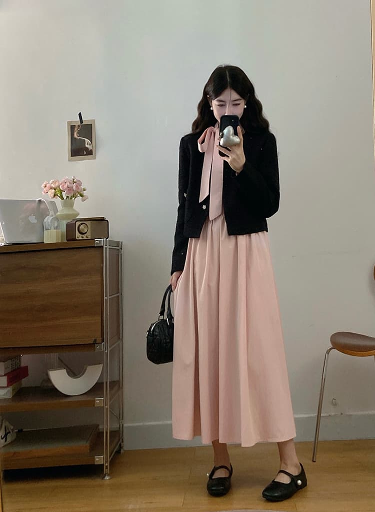 실사 빅 사이즈 여성 의류 한 부서 품격 다용도 작은 샤넬 스타일 재킷 증가 라운드 넥 긴팔 레이스업 점프 슈트 치마 세트 상세 이미지 3